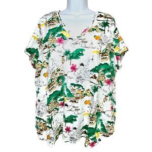CYNTHIA ROWLEY Cotton Shirt Top V-Neck Sz 2X Allover Print Amalfi Coast Italy